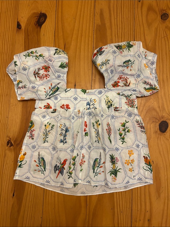 FARM Rio Tops - FARM Rio White Puff-Sleeve Botanical & Parrot Print Top